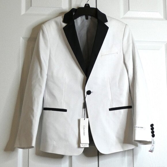 Calvin Klein White Tuxedo Jacket Sz 12 Blazer Macy's Wedding Formal Black NWT